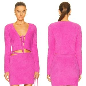NWT JONATHAN SIMKHAI Axel Fuzzy Tie-Front Cardigan in Hot Pink